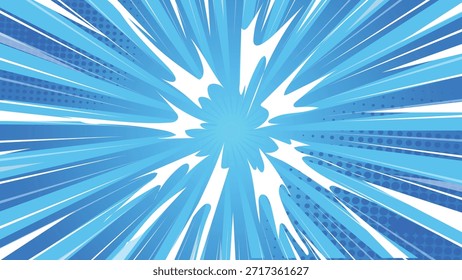Blue Speed Lines Explosion Background with Dynamic Motion Burst Energy Effect Comic Style Vector