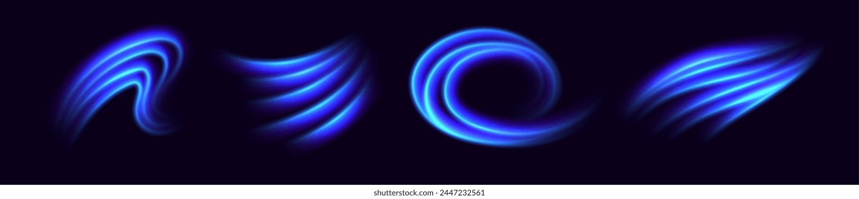 Blue speed lines, glowing motion effect. Cold air flow effect, fresh breeze, winter freezing wind, blue light trails. Luminescent curves.