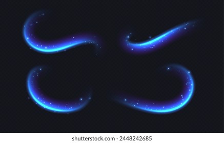 Blue speed lines, glowing motion effect. Cold air flow effect, fresh breeze, winter freezing wind, blue light trails. Luminescent curves.