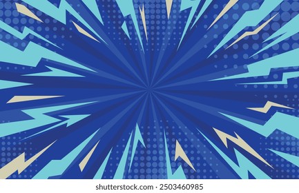 Blue speed radial lines comic background. Vector illustration