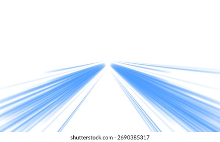 Rayos de velocidad azules, efecto de flujo de luz de velocidad, sobre un fondo blanco, líneas de velocidad de brillo azul, senderos de luz coloridos, rayas. Ilustración vectorial Abstractas.