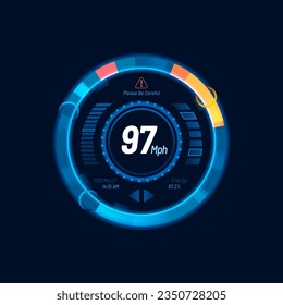 Neondial-Blue-Tachometer, Dashboard mit Geschwindigkeitsanzeige, futuristische Zählerschnittstelle. Leistungsindikator für einzelne Vektorkilometer, Gas- und Kraftstoffstandplatten oder Motorsport-Rpm-Technologie