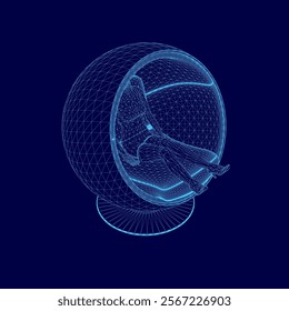 Blue sphere with a person inside of it. The sphere is a chair with a person sitting in it