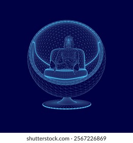 Blue sphere with a person sitting in it. The sphere is illuminated and he is a piece of art