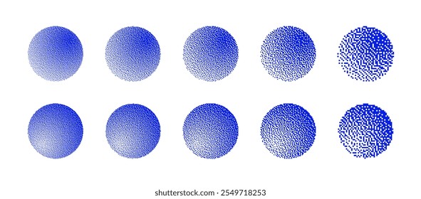 Blue Spheres With Different Resolution of Bitmap Dither Gradient Vector Set Isolated on White. Retro Styled 8 Bit Pixel Art Graphic Round Spherical Shapes with Various Textures Design Elements Bundle