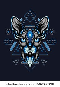 Blue sphinx cat head illustration with sacred geometry pattern