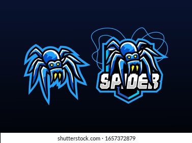 blue spider he pulled out his silk thread and behind him there was a shield suitable for team logo or esport logo  and mascot logo, or tshirt design