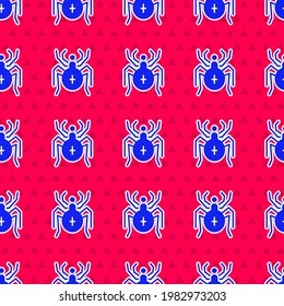 Blue Spider icon isolated seamless pattern on red background. Happy Halloween party.  Vector