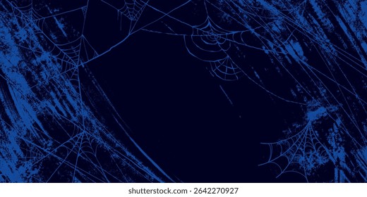 Blue Spider Web Background with Grunge Texture on Dark Background. Creepy abstract cobweb backdrop perfect for invitations, cards, posters, holidays