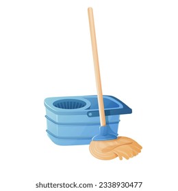 Mopa de giro azul con cubo sobre fondo blanco.