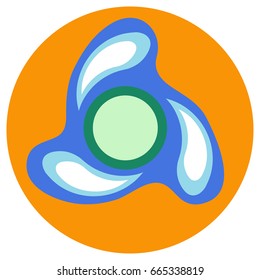 Blue spinner with blue drops on the blades a flat style. Vector image on a round orange background. Element of design, interface.