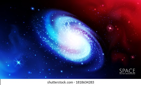Blue spiral galaxy on the background of cosmic nebulae. Futuristic vector image of an endless universe. Distant twinkling stars and mysterious planets. Scientific exploration of outer space.