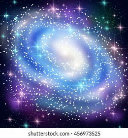 Blue Spiral Galaxy with Shining Stars. Vector illustration. Glowing Outer Space Background.