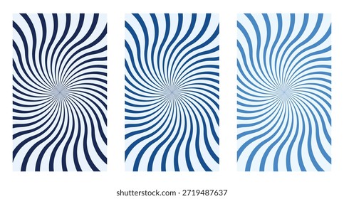 Conjunto de póster de rayo espiral azul. Abstractas líneas de remolino crean fondos de movimiento óptico audaz. Arte de pared geométrica moderna para uso creativo de Diseño gráfico.