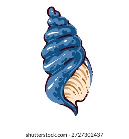 Blue spiral seashell with glossy shell, curved whorls, smooth surface, beige interior details, marine shell form. Seashell design with bold outlines, cartoon vector illustration.