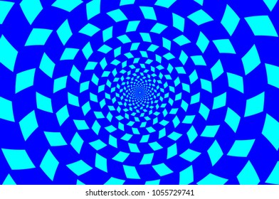 Blue spirals of the rectangles radial expanding from the center, Optical illusion - chessboard swirl,