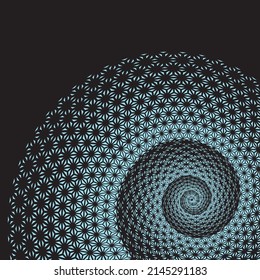 Blue spirograph pattern on dark background. Half tone spiral vortex on black backdrop. Universe objects. Isolated vector illustration on black background.