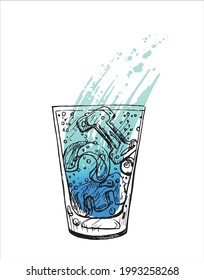 Blue splashes of water on the background of ice letters in a glass. Hand drawn sketch. Vector graphic illustration.