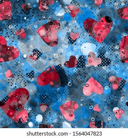 Blue splatter seamless texture with red hearts. Grunge pattern. Abstract vector background for web page, banners backdrop, fabric, home decor, wrapping, valentines day design.