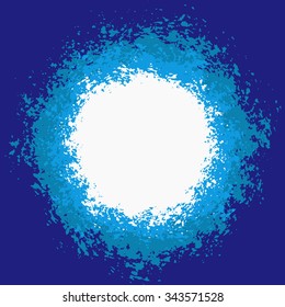 Blue Splattered Painted Background for your text. Blank space on isolated round paint splashes shape. For posters, banners, advert template. Distress grunge background. EPS 10 vector. Vivid design