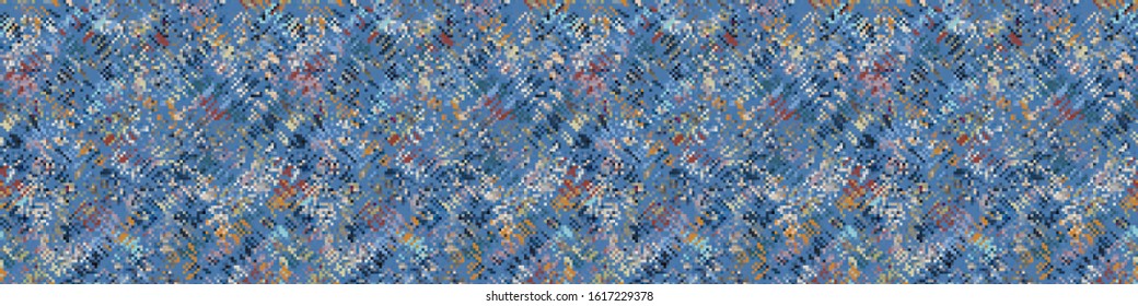 Blue spliced vector broken stripe border texture. Variegated mottled dotted line banner background. Seamless rough grunge pattern. Distorted masculine ribbon edge. Fashion textile disrupt glitch trim