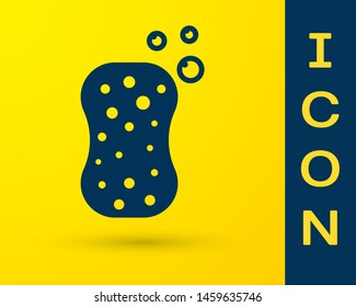 Blue Sponge with bubbles icon isolated on yellow background. Wisp of bast for washing dishes. Cleaning service logo.  Vector Illustration