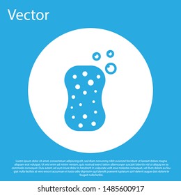Blue Sponge with bubbles icon isolated on blue background. Wisp of bast for washing dishes. Cleaning service logo. White circle button. Vector Illustration