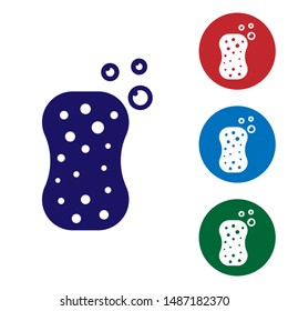 Blue Sponge with bubbles icon isolated on white background. Wisp of bast for washing dishes. Cleaning service logo. Set color icon in circle buttons. Vector Illustration