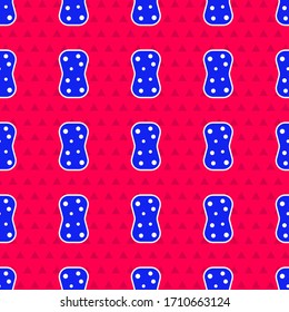 Blue Sponge with bubbles icon isolated seamless pattern on red background. Wisp of bast for washing dishes. Cleaning service logo.  Vector Illustration