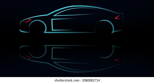 Blue sport car silhouette with reflection on black background. Vector illustration.ESP10