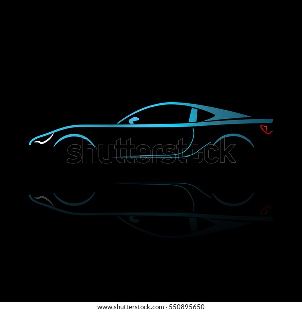 Blue sport car silhouette with reflection\
on black background. Vector\
illustration.