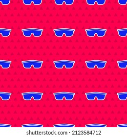 Blue Sport Cycling Sunglasses Icon Isolated Seamless Pattern On Red Background. Sport Glasses Icon.  Vector