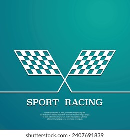 Blue sport flag silhouettes for start and finish lines. Car race track dark background with checkered design pattern and text. Competition racing wallpaper