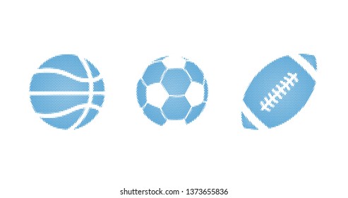 Blue sport halftone dotted vector illustration of a balls set for football, basketball, soccer, isolated on a white background.