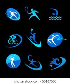 Blue sport icons on black background