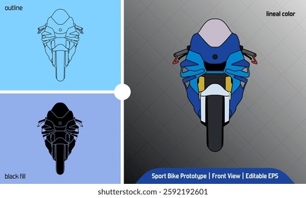 Blue Sport Motorbike Prototype in front view angle. Vector illustration in 3 variation flat icon style, lineal color, outline, black fill. Editable design element of world motorsport championship.