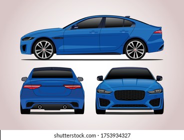 blue sport sedan, three-way view. Jaguar XE.