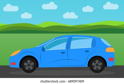 Blue sports car in the background of nature landscape in the daytime. Vector illustration.
