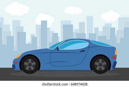 Blue sports car in the background of skyscrapers in the afternoon. Vector illustration.
