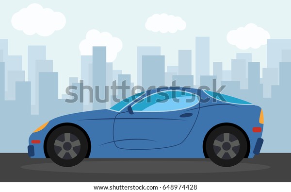 Blue sports car in the background\
of skyscrapers in the afternoon. Vector\
illustration.\
