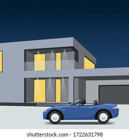 Blue sports car parked beside a house with a garage. Suburban house landscape view. vector illustration.