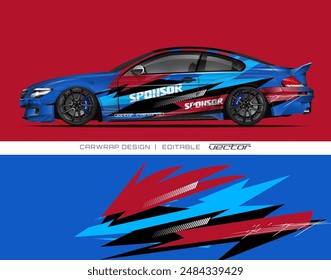 Blue sports car with red and black graphics, ideal for sports car enthusiasts, automobile magazines, car dealerships, or automotive themed designs.