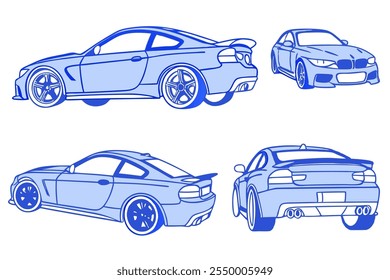 Plantilla de Vector de coche deportivo azul con colores simples sin Gradientes y efectos. Vista lateral, frontal, trasera y superior
