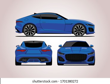 blue sports car, view from three sides. Jaguar F-Type.