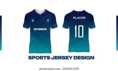 Blue sports design template for soccer jersey, football kit and tank top for basketball jersey. Sports uniform in front and back view. Tshirt mock up for sports club. Vector Illustration.