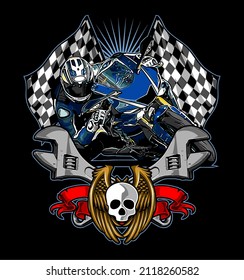blue sports motorbike is cornering, t-shirt design, biker, knucklehead, panhead, shovelhead, flathead, naked bike, dragrace, supermoto, Motorradfahrer, 
motorrijder, vector template
