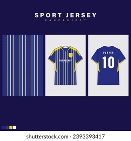 blue sports t shirt template design with yellow and white striped motif