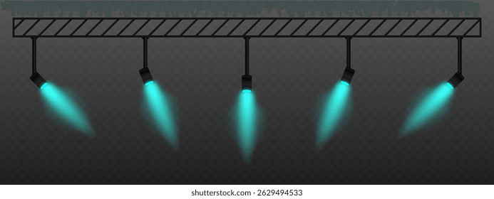 Blue spotlight. Adjustable light projectors with angled beams, directed stage lighting system for studio, performance or interior illumination design.