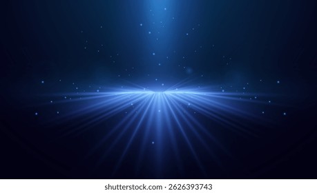 Blue spotlight background with sparkling particles and glowing rays, creating a magical and futuristic stage effect. Vector EPS10 illustration.