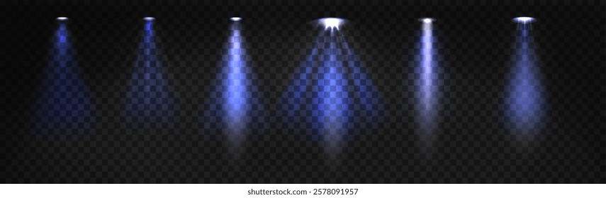 Blue spotlight beams set isolated on transparent background. Vector realistic illustration of stage light beams, theater, concert, nightclub show, disco club illumination, scattered lamp rays glowing